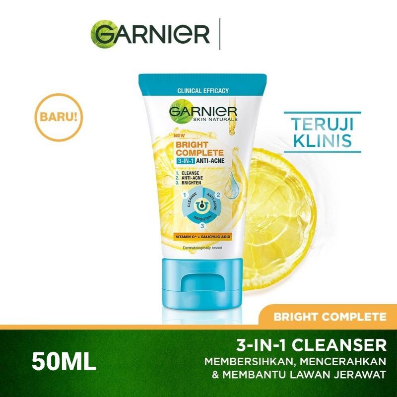 Garnier Bright Complete 3-in-1 Anti Acne 50ml Facial Wash Skin Care Wajah 50 ml