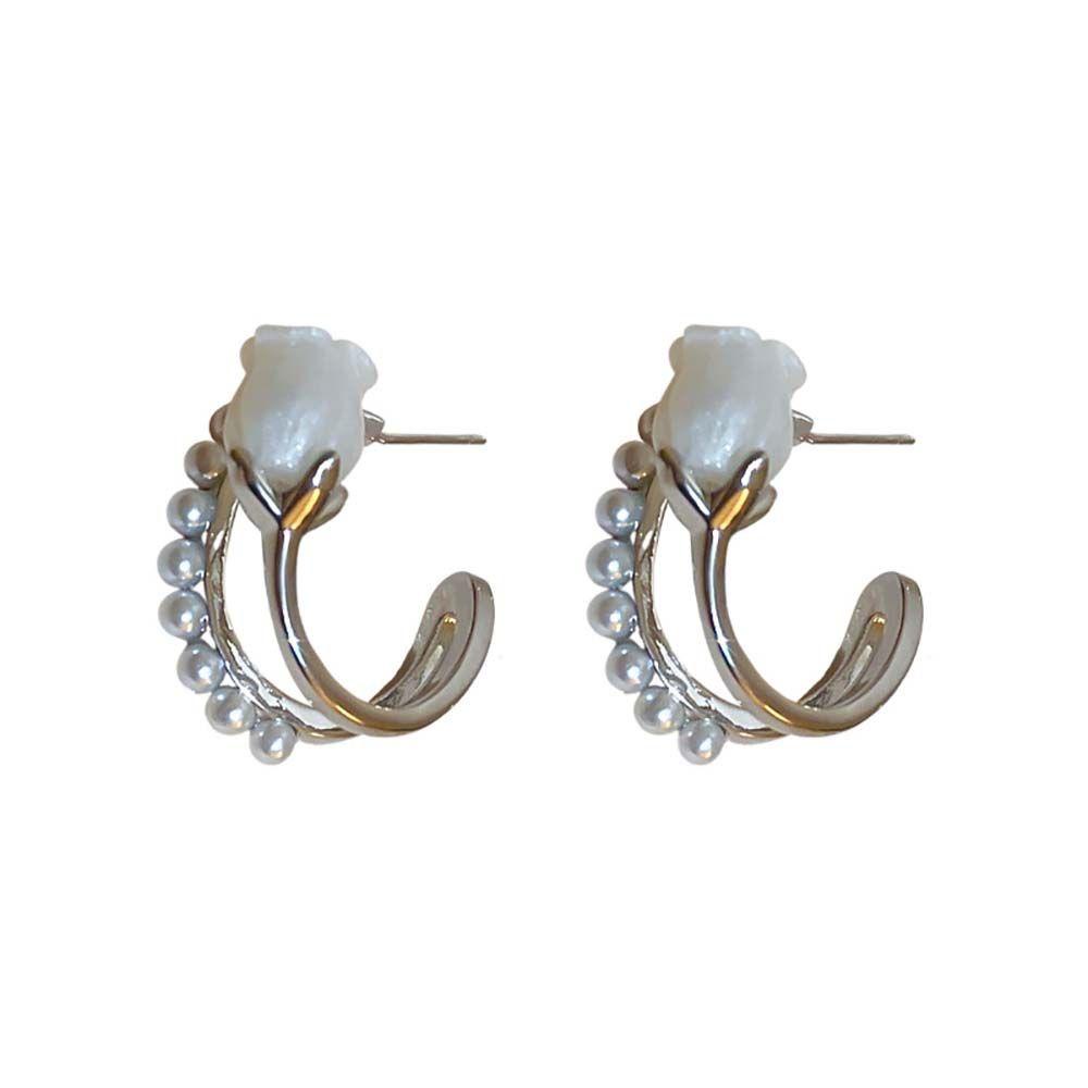 Mxbeauty Anting Bunga Tulip Temperamen Manis Hadiah Sederhana Anting Pejantan Berbentuk C Perempuan Aksesoris Telinga Double-layer Women Hoop Earrings