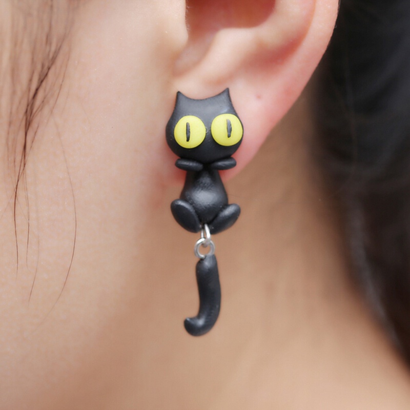 1 Pasang Anting Tusuk Bentuk Kucing Bahan Polymer Clay Untuk Wanita