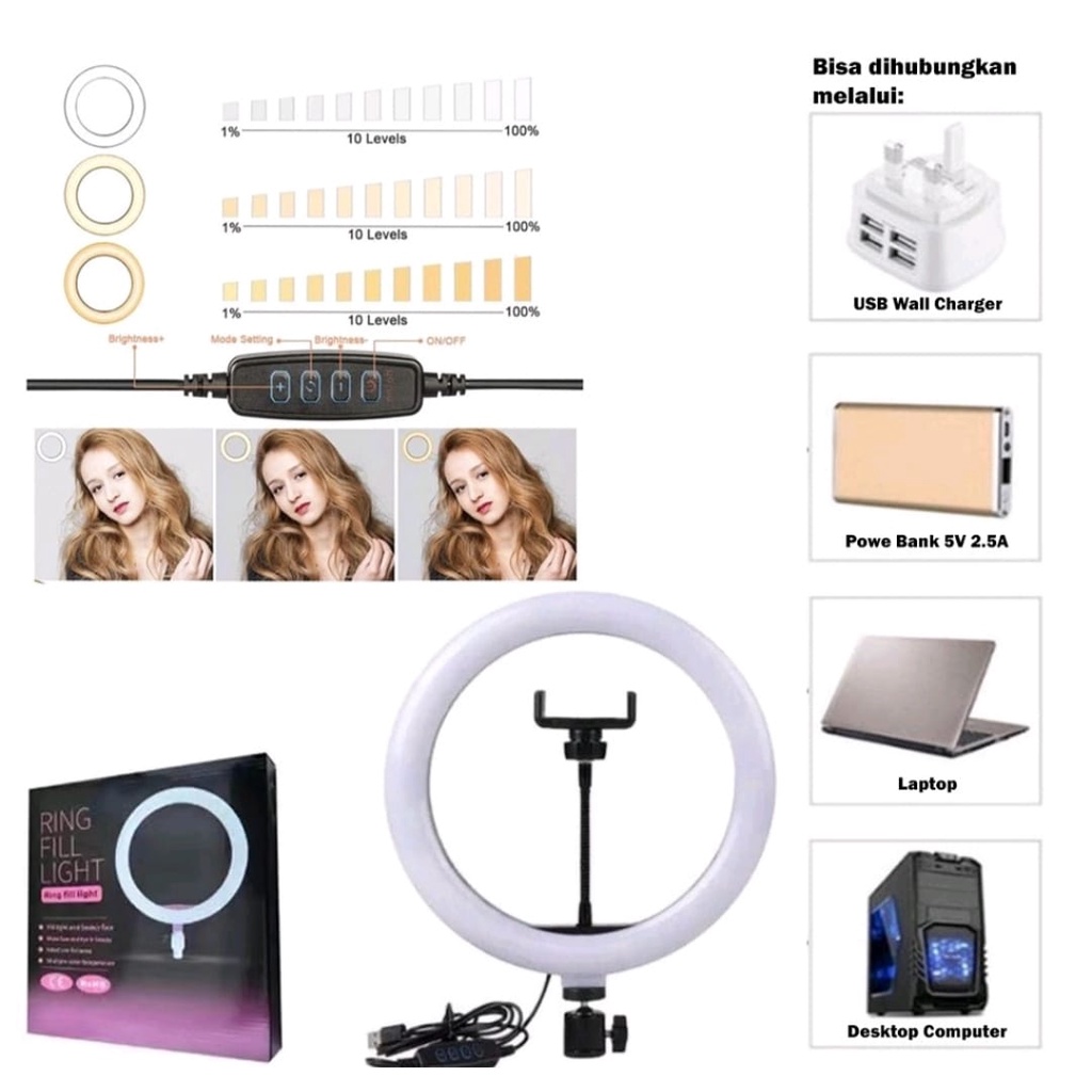 Ring Light LED Ring Fill Light 26 Cm-Ringlight Lampu Photo Selfie Make Up Live Tiktok Vlogger Live steaming-Streamer-Ring Light 3 Pilihan Warna + Stand Tripod Free Holder