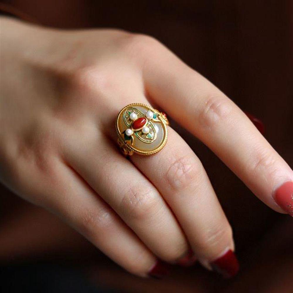 Agustinina Cincin Giok Elegan Indah Hadiah Retro Enamel Perancis Jari Cincin Tembaga Cincin Mutiara