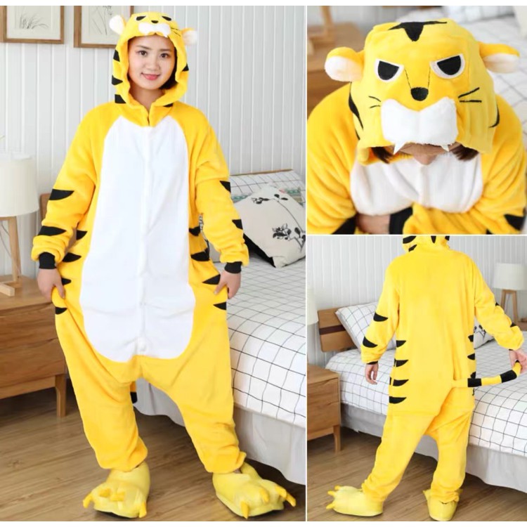 BAJU ONESIE KOSTUM HARIMAU TIGER KUNING PIYAMA IMPOR LEMBUT