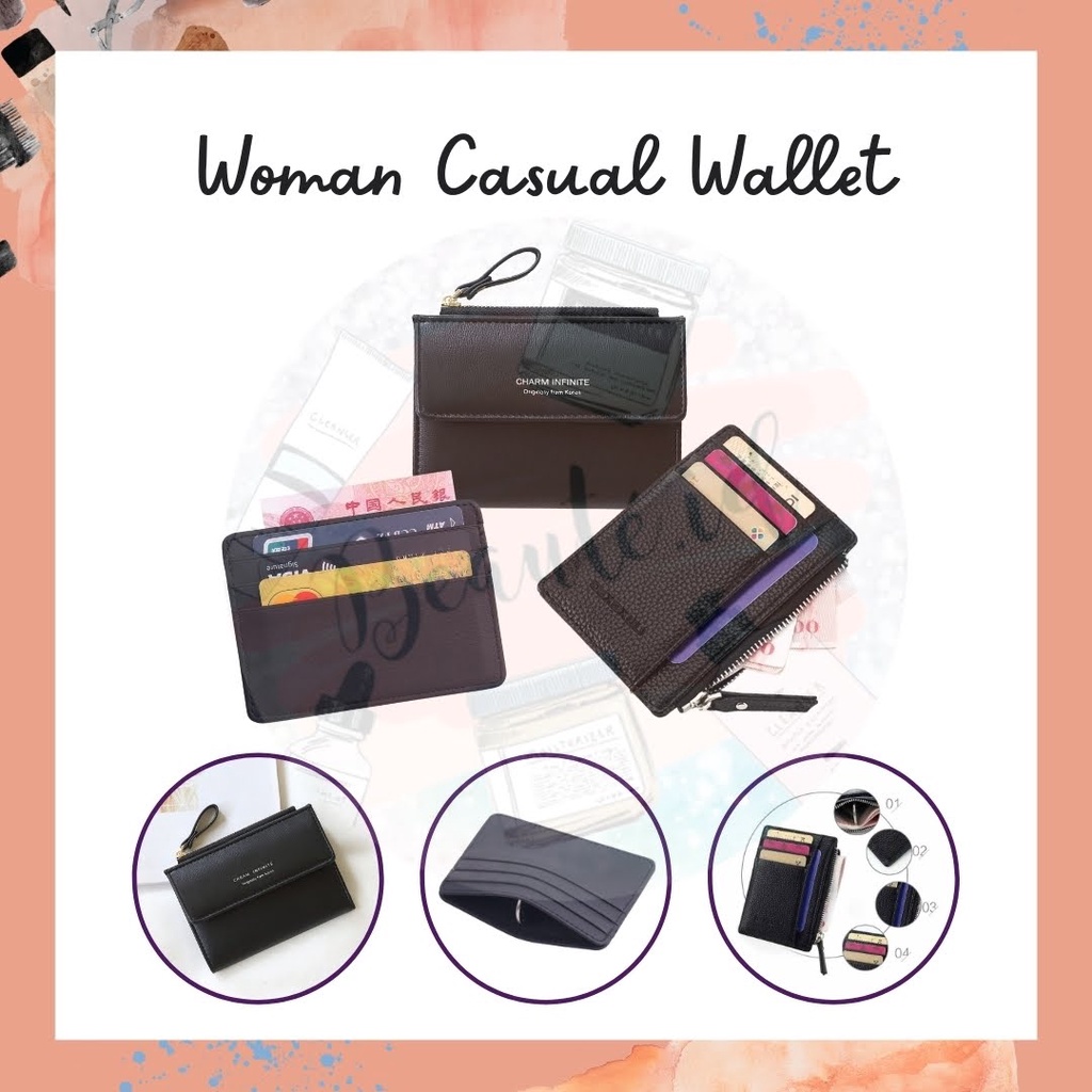 Dompet Casual Wallet Wanita Dewasa Dompet Kartu ATM Kredit Debit Lipat Mini Desain Slim Elegant Modern ID Card SIM KTP Holder Uang Lembar Koin Bahan Kulit