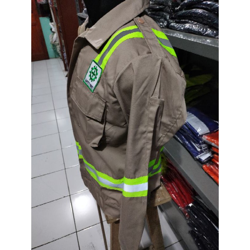 RESLETING BAJU SAFETY COKSU COKLAT SUSU BERLOGO K3 BENDERA SCOTLIGT BESAR HIJAU 5CM