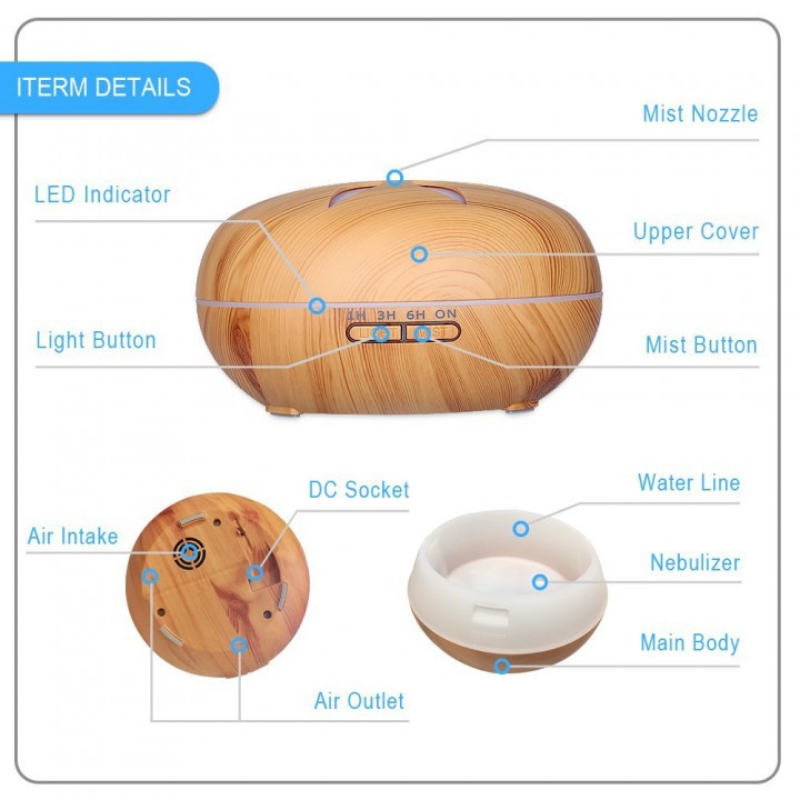 H25 Wooden Humidifier Aroma Diffuser 7 Color LED Light 550ml Brown