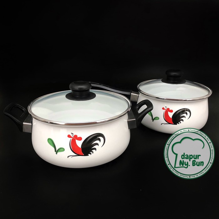 panci enamel 2 set ayam jago seri 2 / panci + tutup / panci 2 in 1