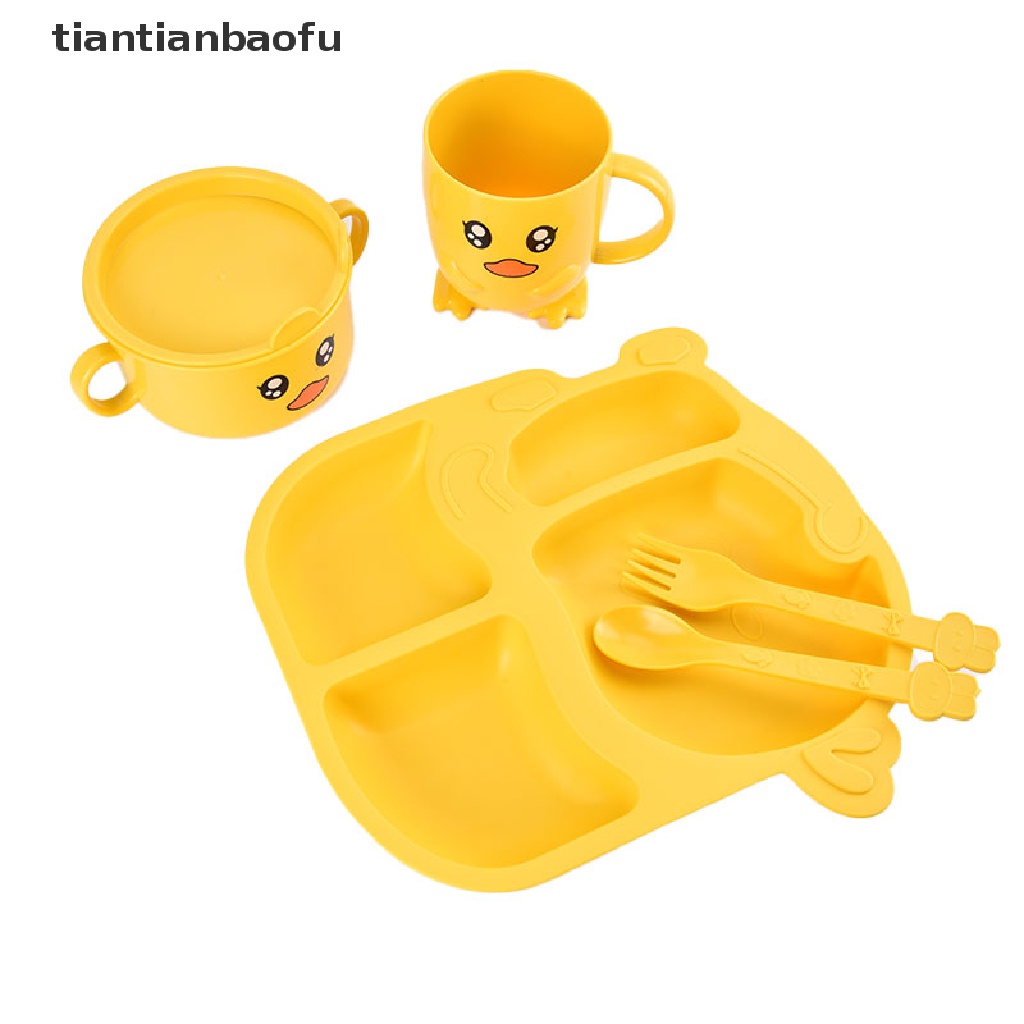 Tiantianbaofu Set Piring Makan Bayi / Anak Desain Kartun Bebek Kuning Kecil