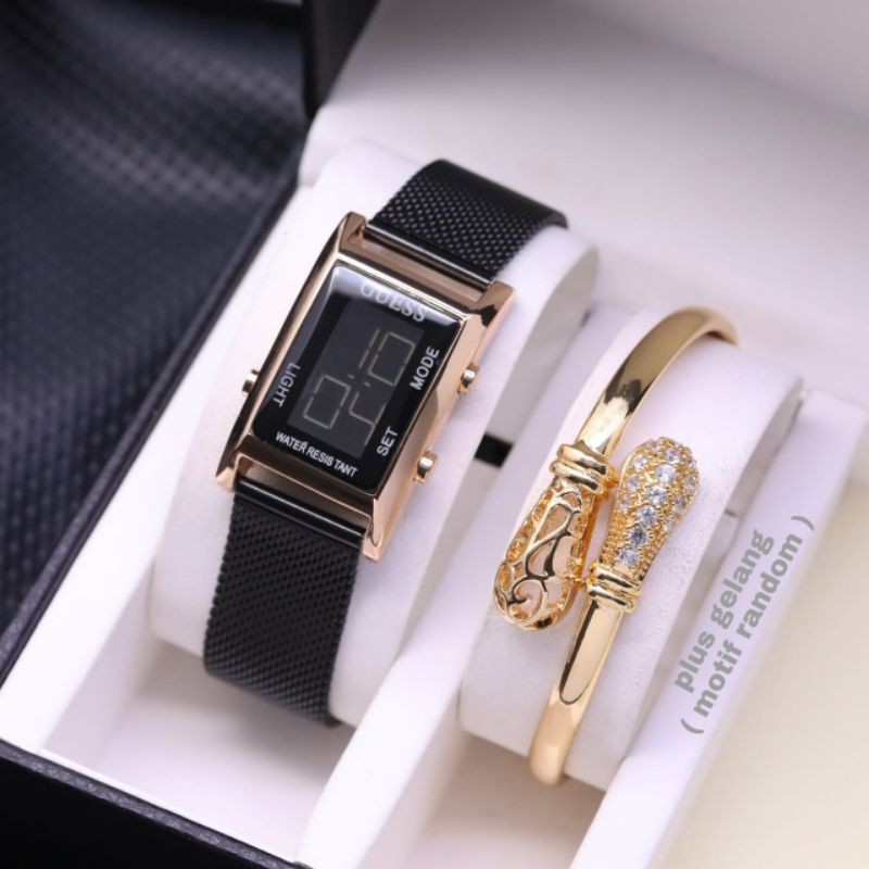 Jam Tangan Wanita/Cewek Guess Digital Kotak Free Gelang