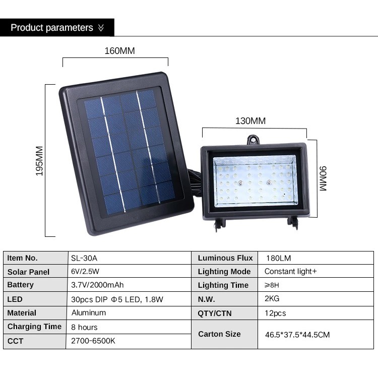 SL-30A - 180 Lumens Waterproof Solar 30 LED Outdoor Garden Spotlight