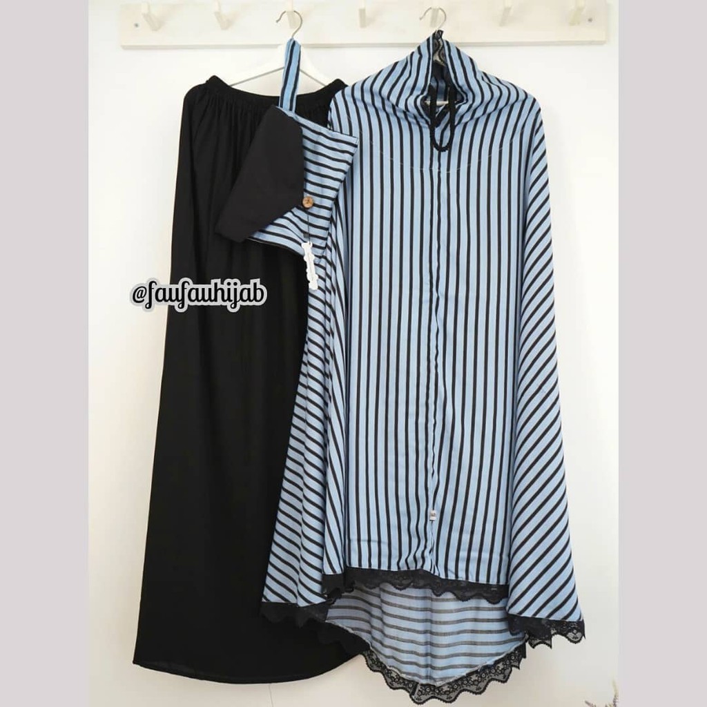 Mukena faufau butik Selma strips hitam (tali karet)