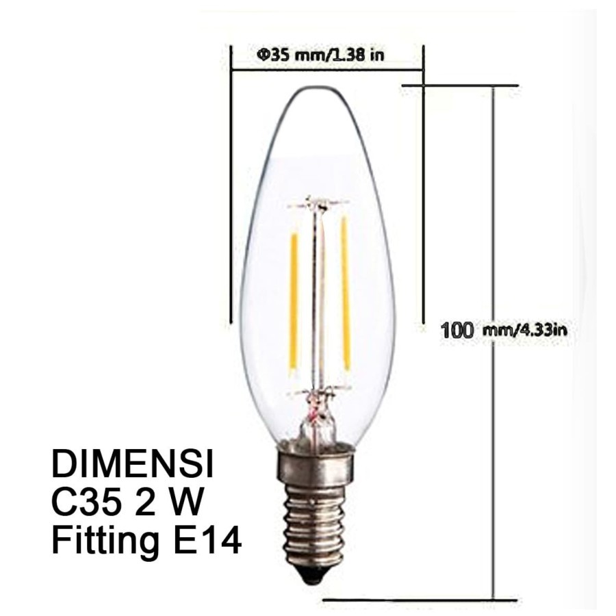 Lampu Bulb LED Filamen Edison Polos Vintage C35 2 Watt/2W Fitting E14