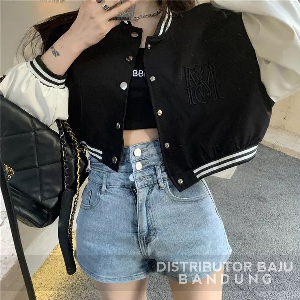 Jaket Baseball Crop | Korean Style Varsity | Pakaian Wanita | Jaket Wanita | Bahan Fleece | Allsize-4