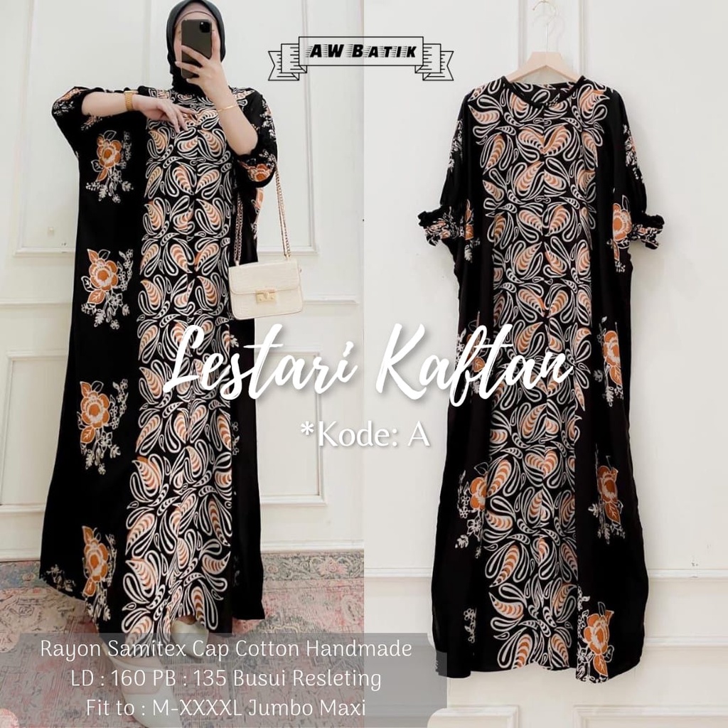 Batik A W - Lestari Kaftan Batik Wanita Jumbo XXXXL Motif Cap Sogan Busui Resleting Lengan 3/4 Rayon Tebal Gamis Rayon Jumbo Kaftan