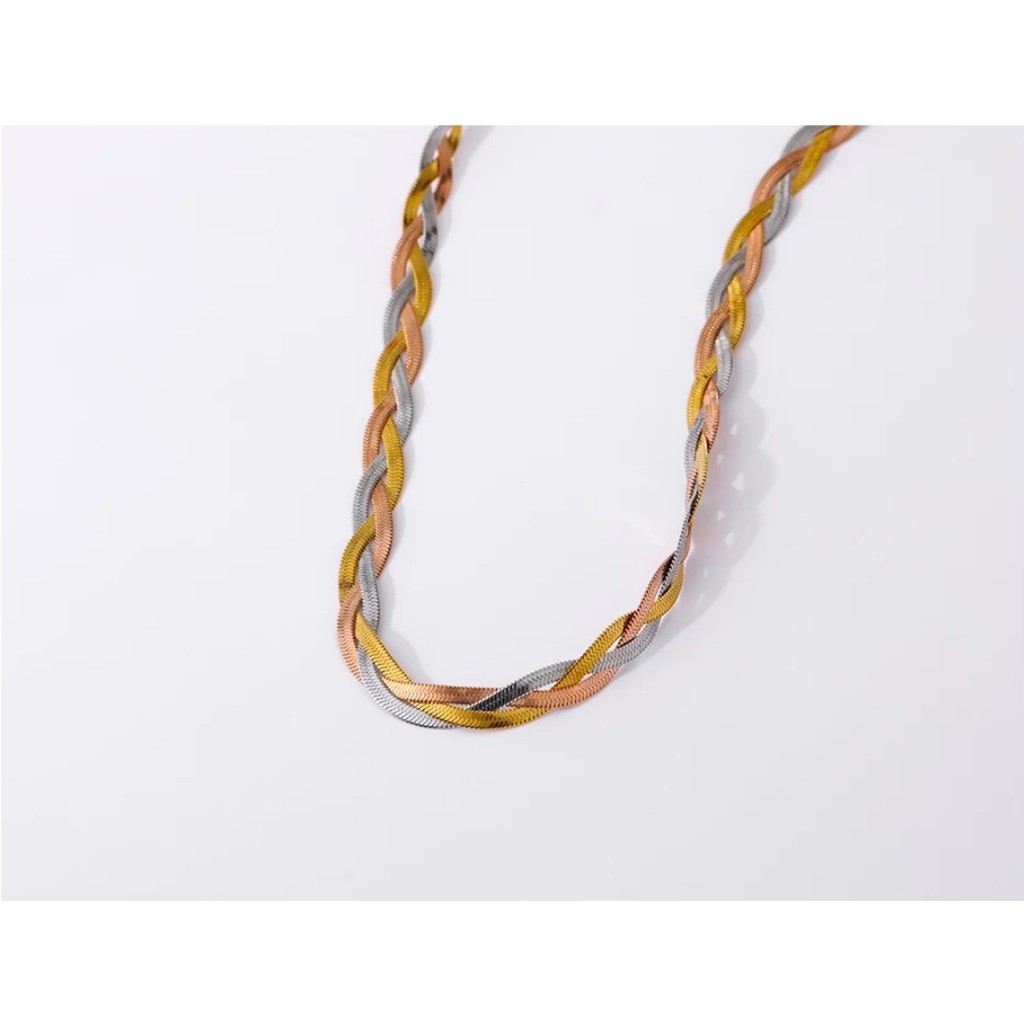 Kalung Choker Titanium Rajut Belut Gepeng Kombinasi Warna Rosegold, Gold dan Silver