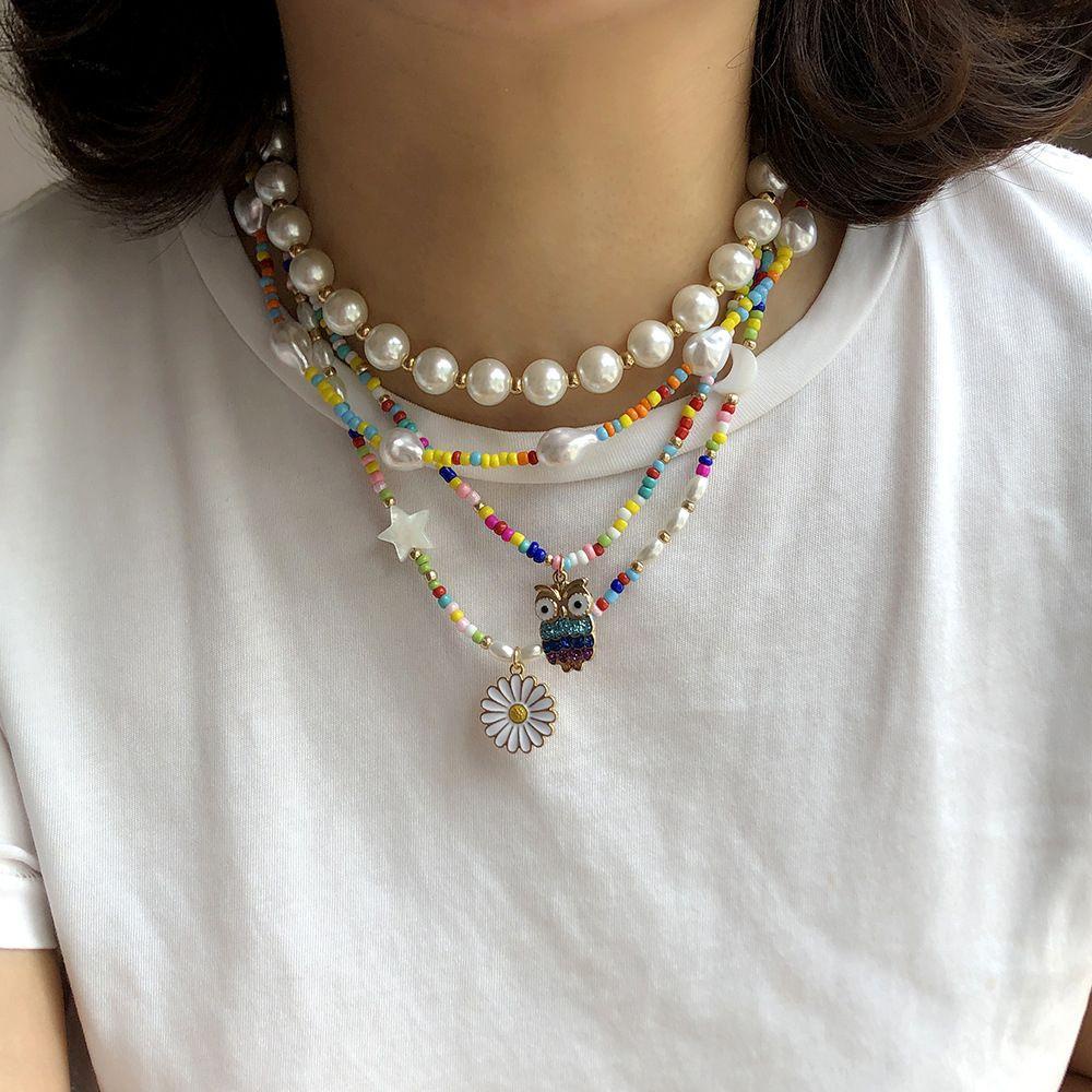 Mxbeauty Kalung Bunga Gadis Trendi Mutiara Hadiah Gaya Bohemian Perempuan Manik Pria Rantai Klavikula