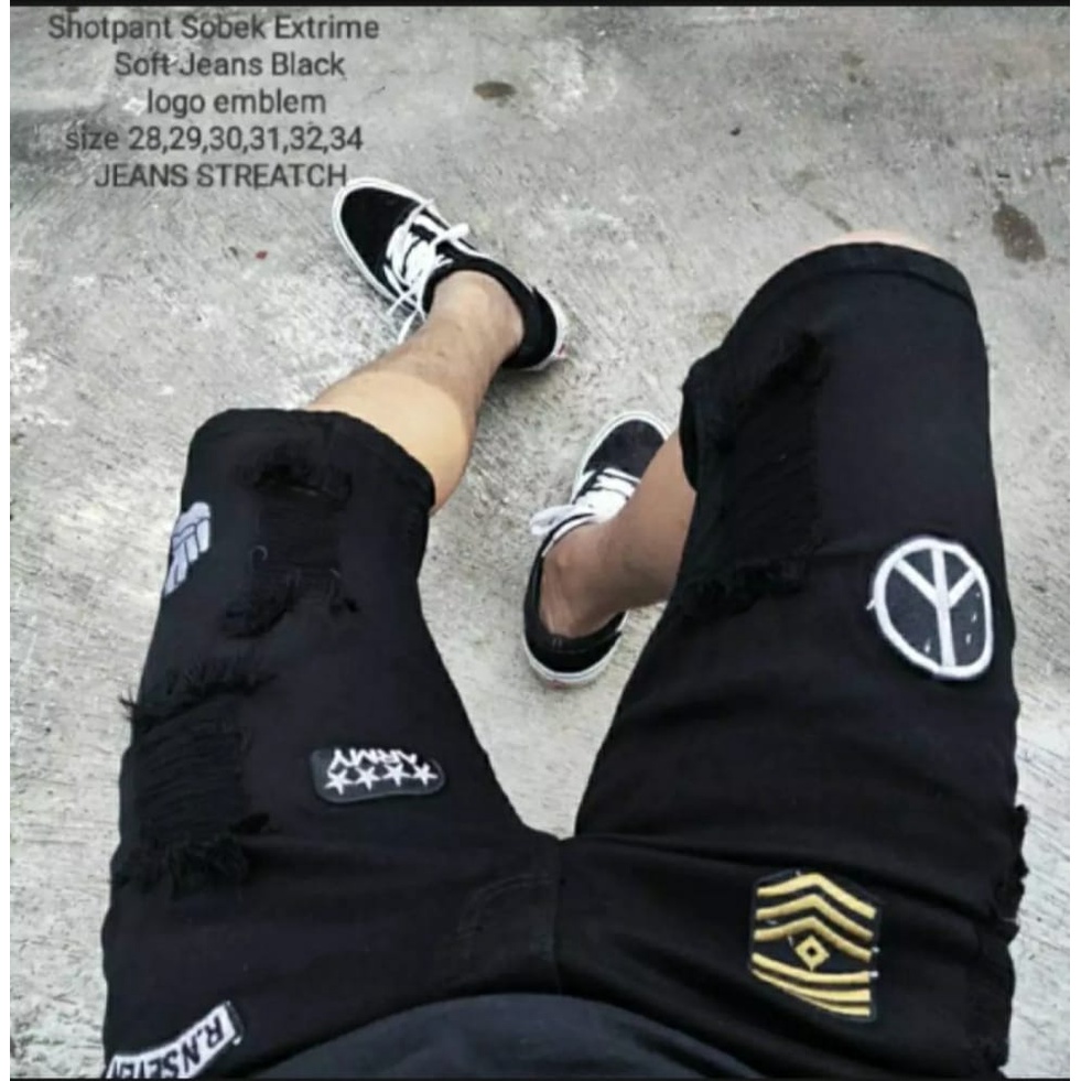 CELANA PENDEK JEANS SOBEK BORDIR LOGO EMBLEM RIPPED PRIA SKINNY STRECHT MELAR DISTRO ORIGINAL