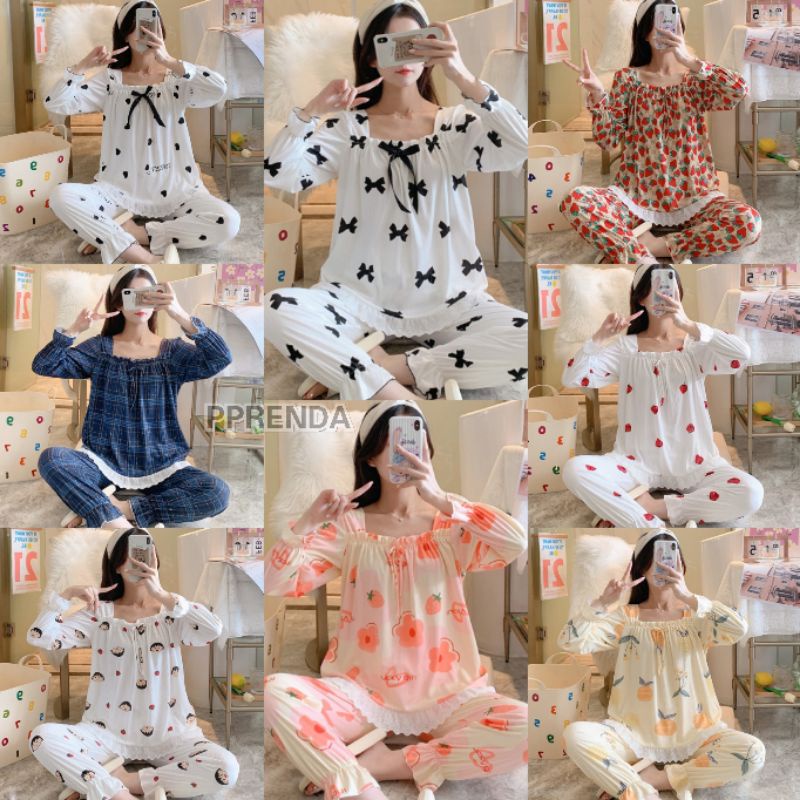 PIYAMA BAJU TIDUR WANITA LENGAN PANJANG RENDA IMPORT|SET PIYAMA LENGAN PANJANG|OVERSIZE PIYAMA WANITA|RS