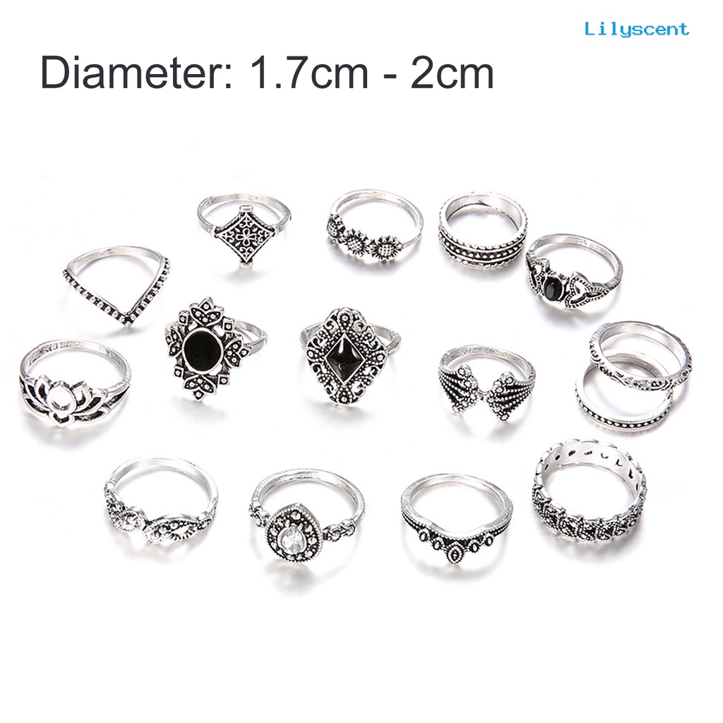 15pcs / Set Cincin Jari Tumpuk Bentuk Bunga Matahari Teratai Geometris Aksen Batu Permata Tiruan Untuk Wanita