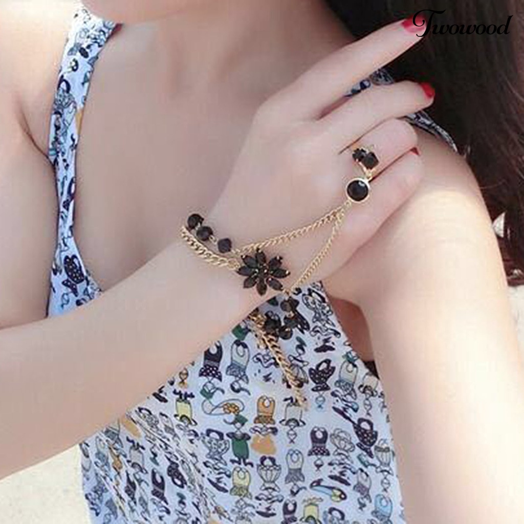 Twowood Flower Shape Luxury Hand Harness Bracelet Women Adjustable Finger Ring Bracelet Fashion Jewelry