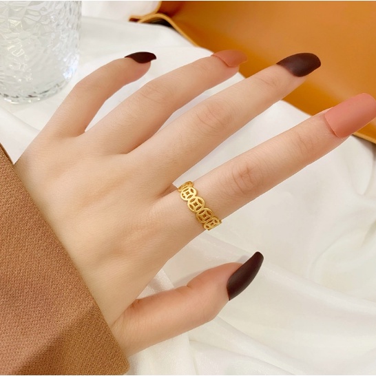 Cincin Jari Telunjuk Wanita Model retro Elegan hollow Koin Ukuran 6-9