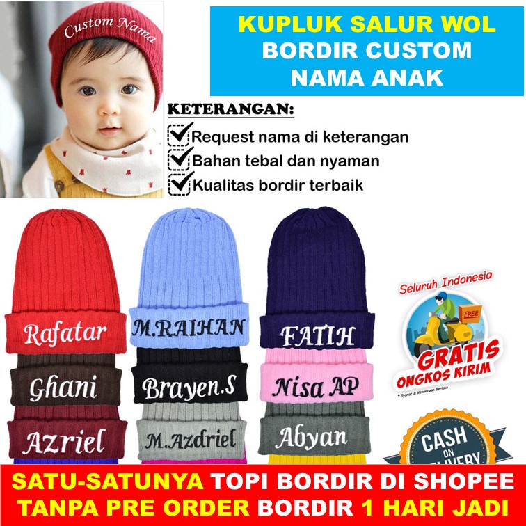 Kupluk Rajut Salur Wol Bayi Request Bordir Nama Anak