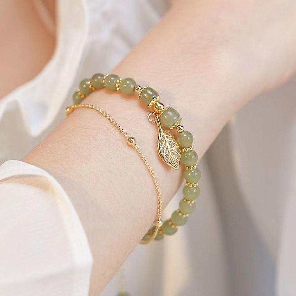 NEEDWAY Gelang Giok Handmade Perhiasan Hadiah Pacar Aksesoris Pakaian Manik Giok Aprikot Daun Alloy Gaya Korea Bracelet