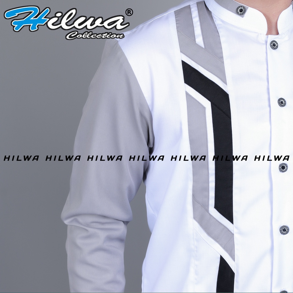 [BEST SELLER] HILWA COLLECTION Baju Koko Pria Dewasa Lengan Panjang Motif Sinergi Warna Putih Abu Bahan Katun Toyobo Original