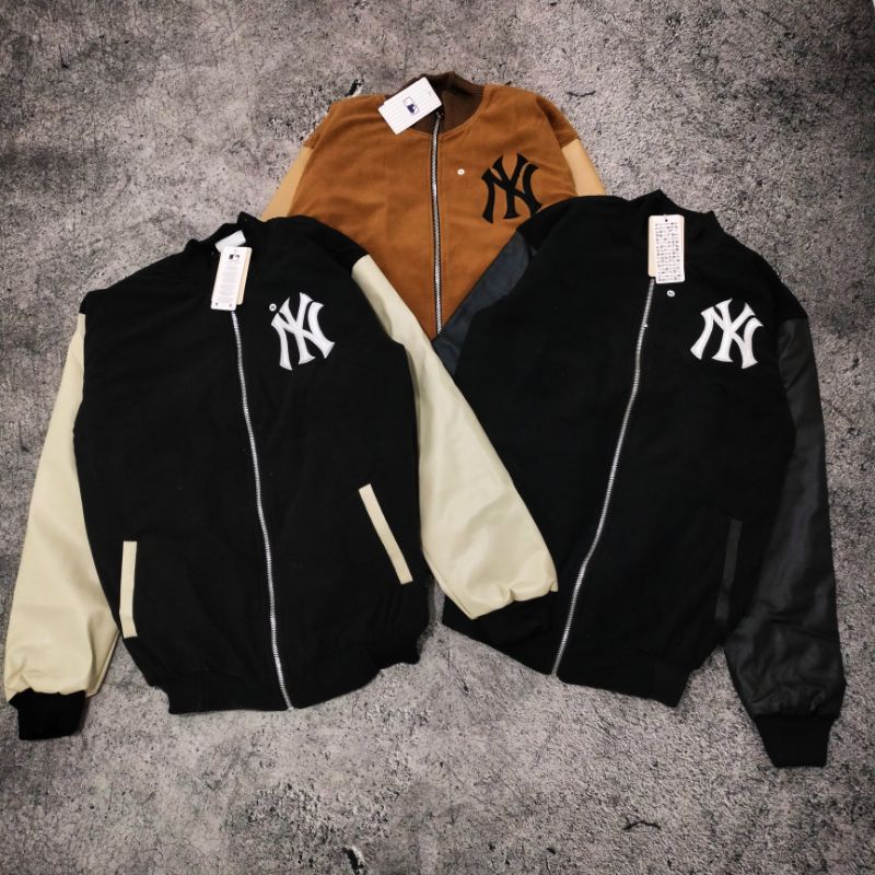 JAKET VARSITY ZIPPER NY MLB COMBINASI MOCCA&amp;CREAM FULLTAG &amp; LEBEL