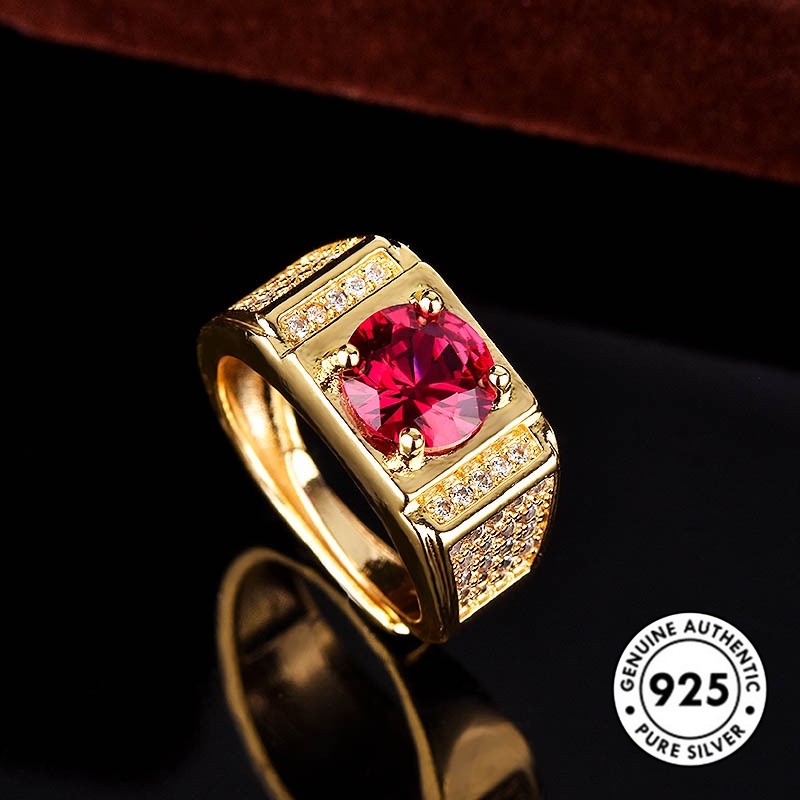 Cincin Lapis Emas Aksen Ruby Bahan S925 Silver Untuk Pria