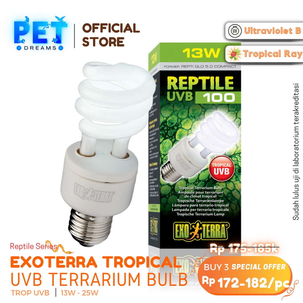 PROMO LAMPU UVB 100 EXOTERRA TROPICAL TERRARIUM CALCIUM BULB REPTIL TROPIS TORTO KURA IGUANA