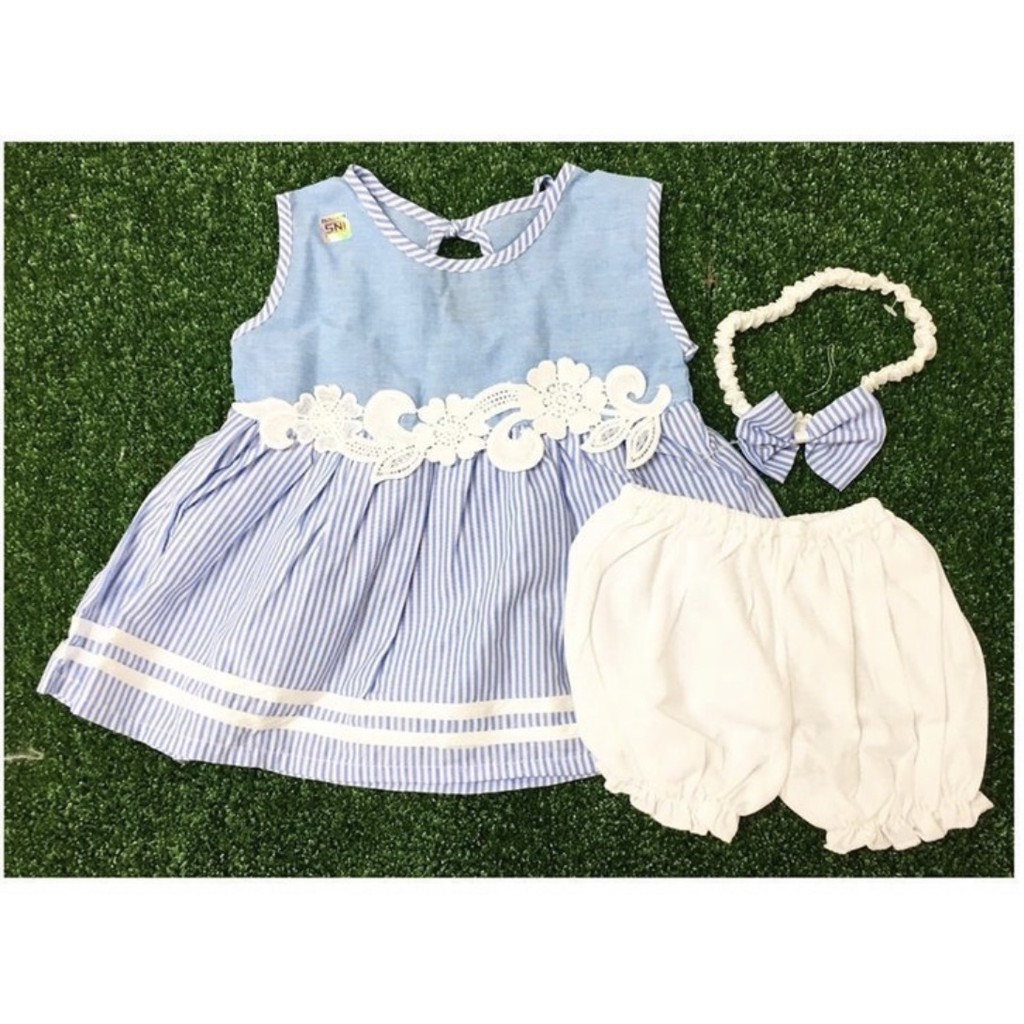 3in1 Set Dress SNI Baby Girl + Celana &amp; Bandana Newborn estimasi 0-12 Bulan AM