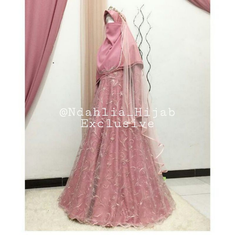 set gaun pengantin syari pink Ndahlia Hijab