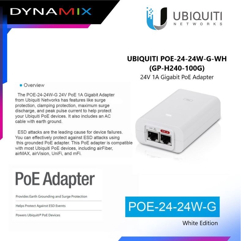 Ubiquiti PoE Adapter GP-H240-100G Gigabit 24V 1A POE-24-24W-G-WH