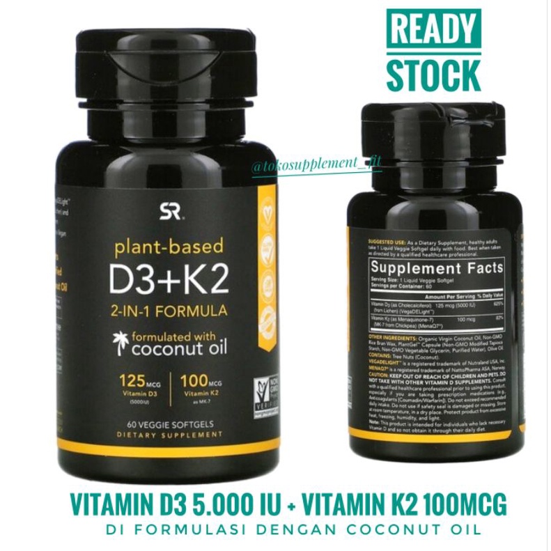 Sports Research Vitamin D-3 D3 + Vitamin K-2 K2, Plant Based, 60 Veggie Softgels Sport Research