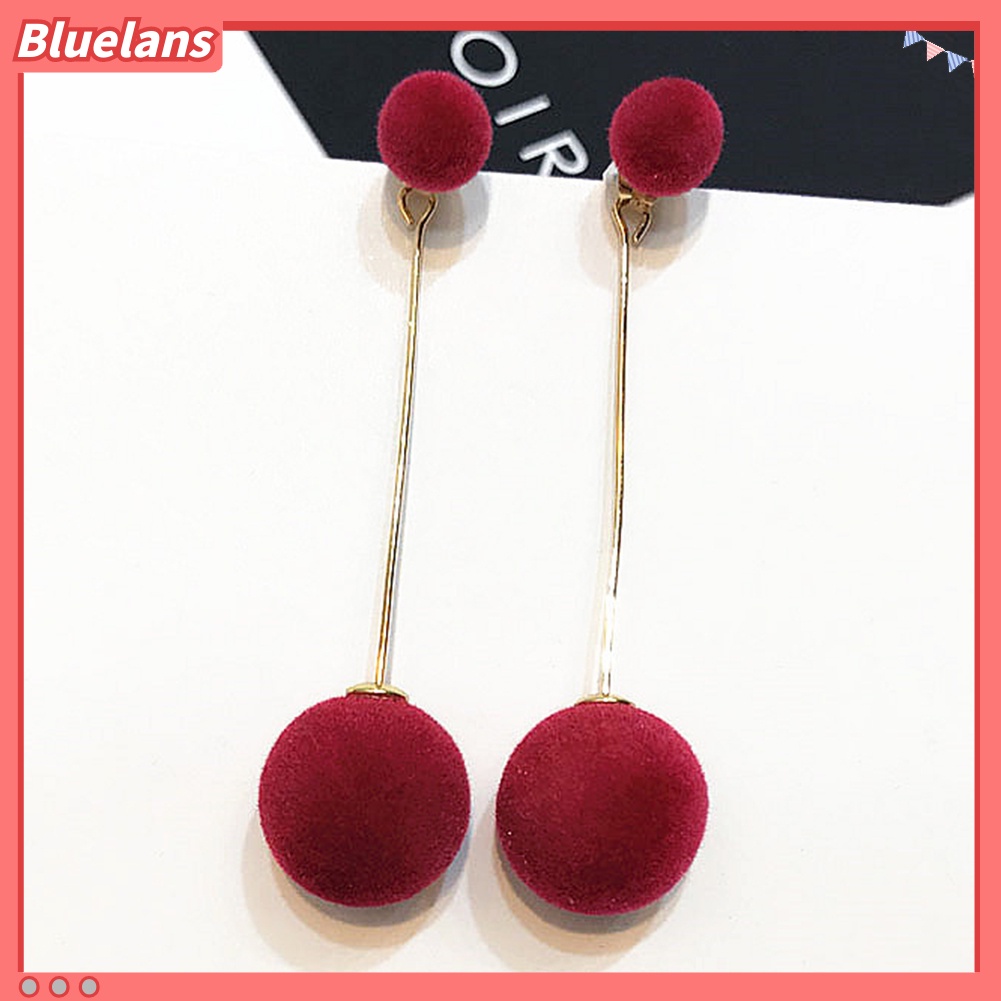 Bluelans Anting Gantung Panjang Model Bola Bulu Imitasi Untuk Wanita