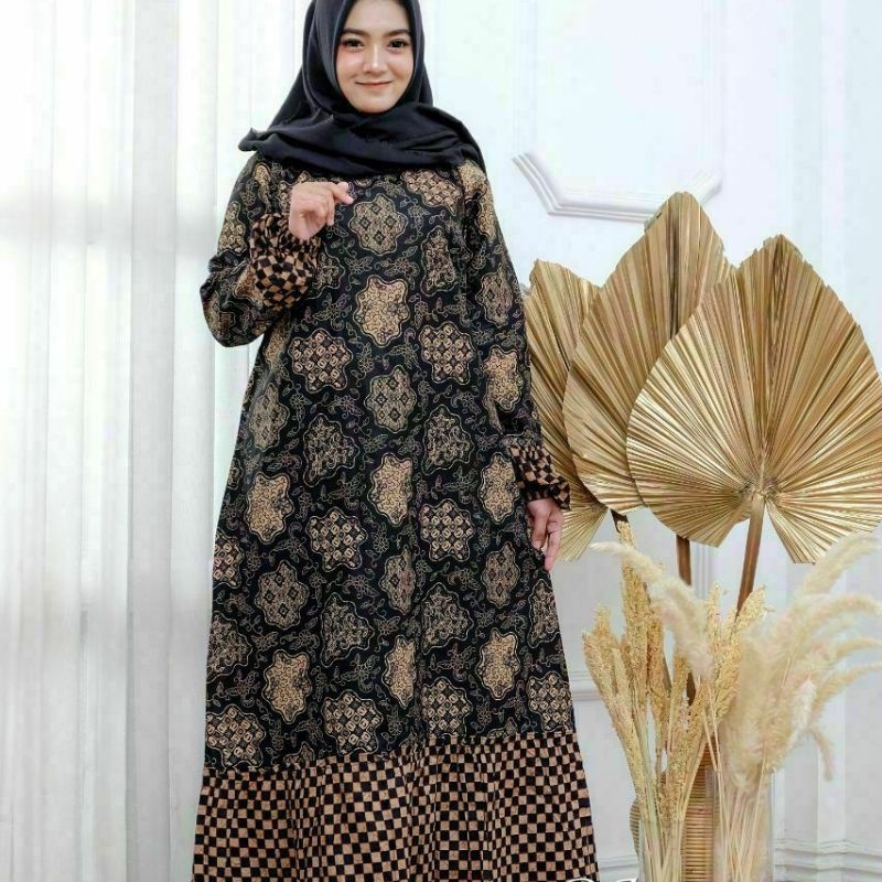 BAJU GAMIS BATIK WANITA - BAJU BATIK GAMIS ALLSIZE JUMBO model terbaru mix embos modern syari 027