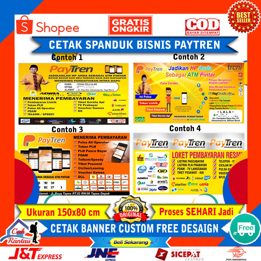 Cetak Bahan Promosi Spanduk Banner Backdrop Baliho Bisnis Paytreni Usaha Toko Konter Pulsa Loket byr