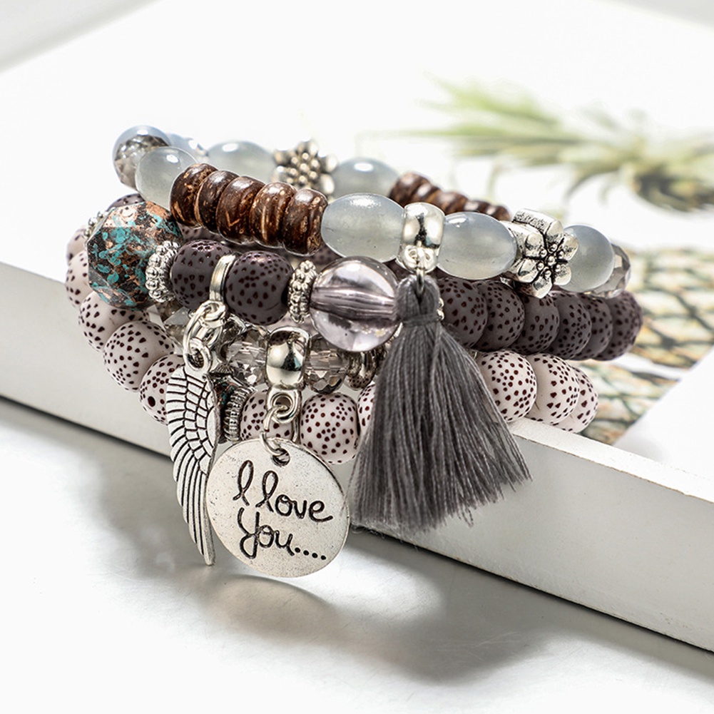 Hu Hu Hu Hu Hu Alat Bantu Pasang Kacamata♡ 4pcs / Set Liontin Manik-Manik Bunga Tulisan Aksen Rumbai Gaya Bohemian Untuk Wanita