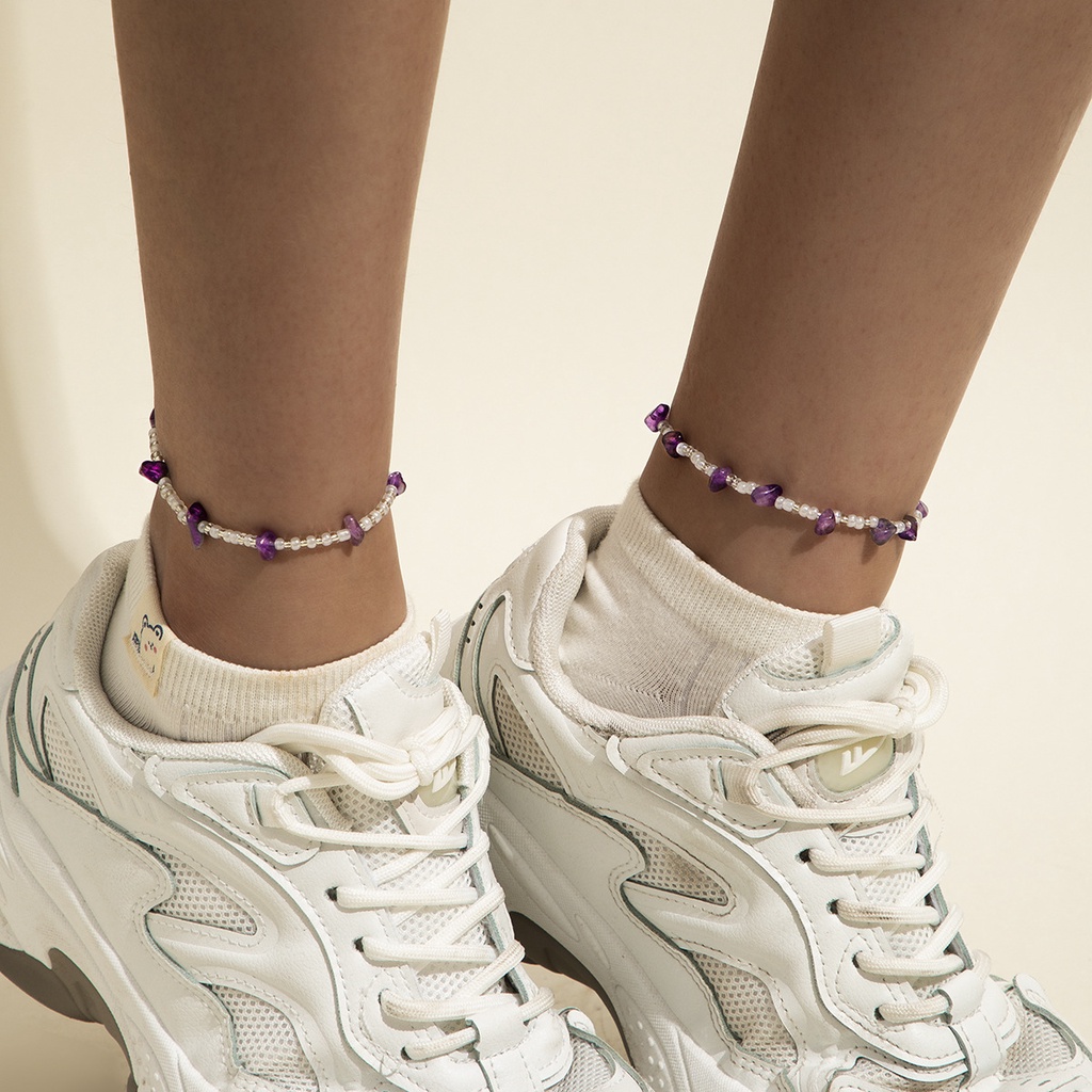 Ins Beach Style Single Layer Trend Irregular Colored Stone Anklet Wanita Kecil Segar Dan Sederhana Manik-manik Beras Manik-manik Tenunan Kaki Ornamen