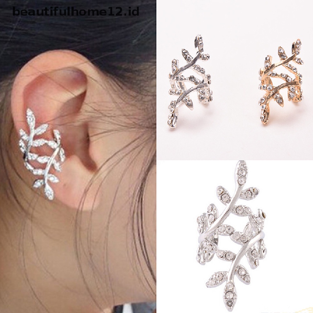 【beautifulhome12.id】 Women Punk Rock Retro Earings Crystal Leaf Ear Cuff Warp Clip Ear Clip Earings .