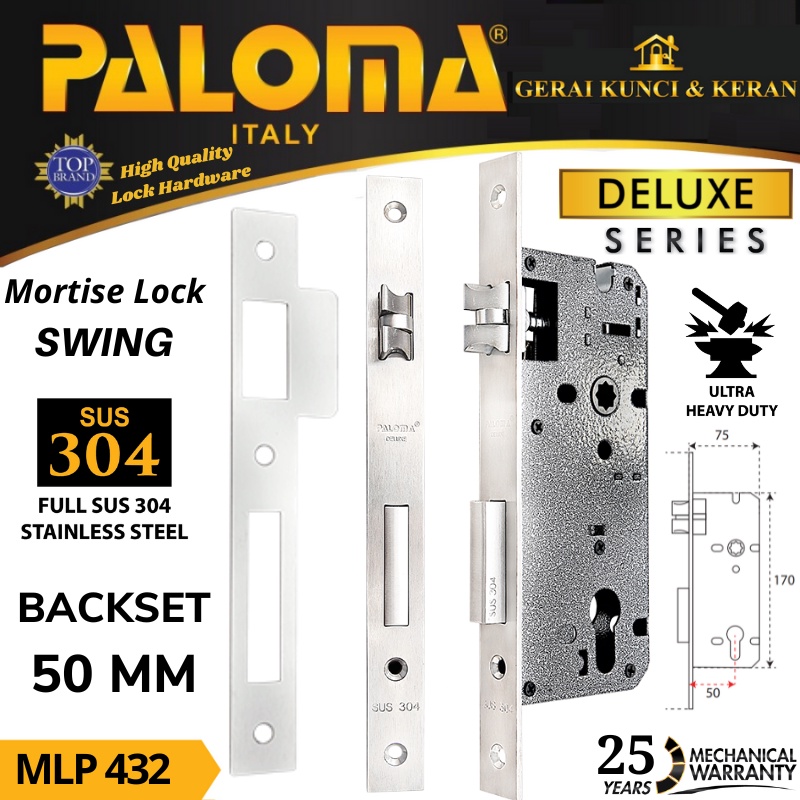 BODY KUNCI PINTU PALOMA SWING MLP 432 STAINLESS  DELUXE  50 MM MORTISE LOCK SWING