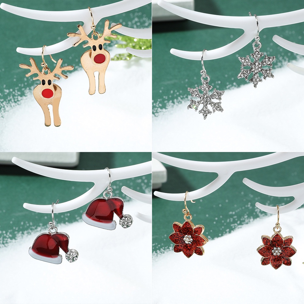 Anting Stud Desain Rusa Snowman Pohon Natal Untuk Hadiah