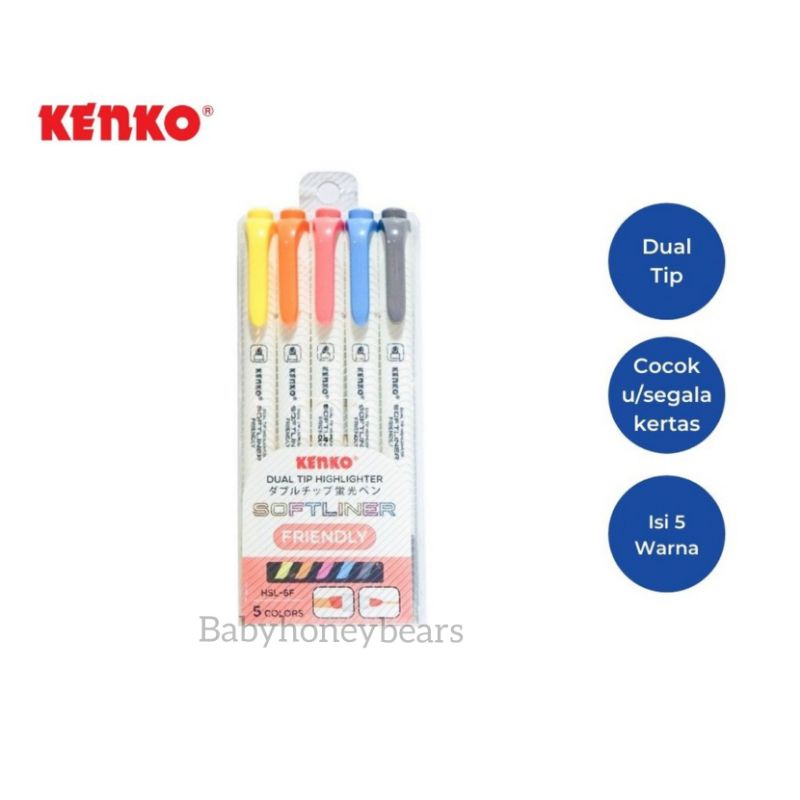 

Kenko Textliner Softliner Friendly Dual Tip Highlighter Isi 5 Warna