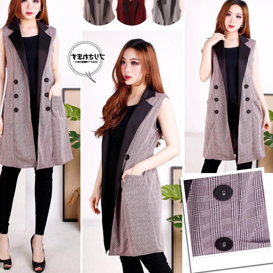 Harga Spesial.. Linda Vest Outer / Long Plaid Rompi Panjang Wanita Motif Kotak Korea Style