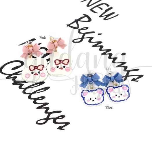 Anting Stud Ribbon Fluffy Bear Rabbit Earring Motif Beruang GH 203173