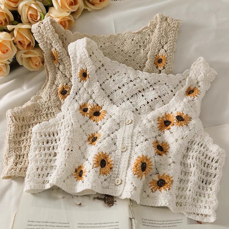 Rompi Cardigan Wanita Import Sunflower Vest Crochet Knit Woman Top Fashion Terbaru AV235