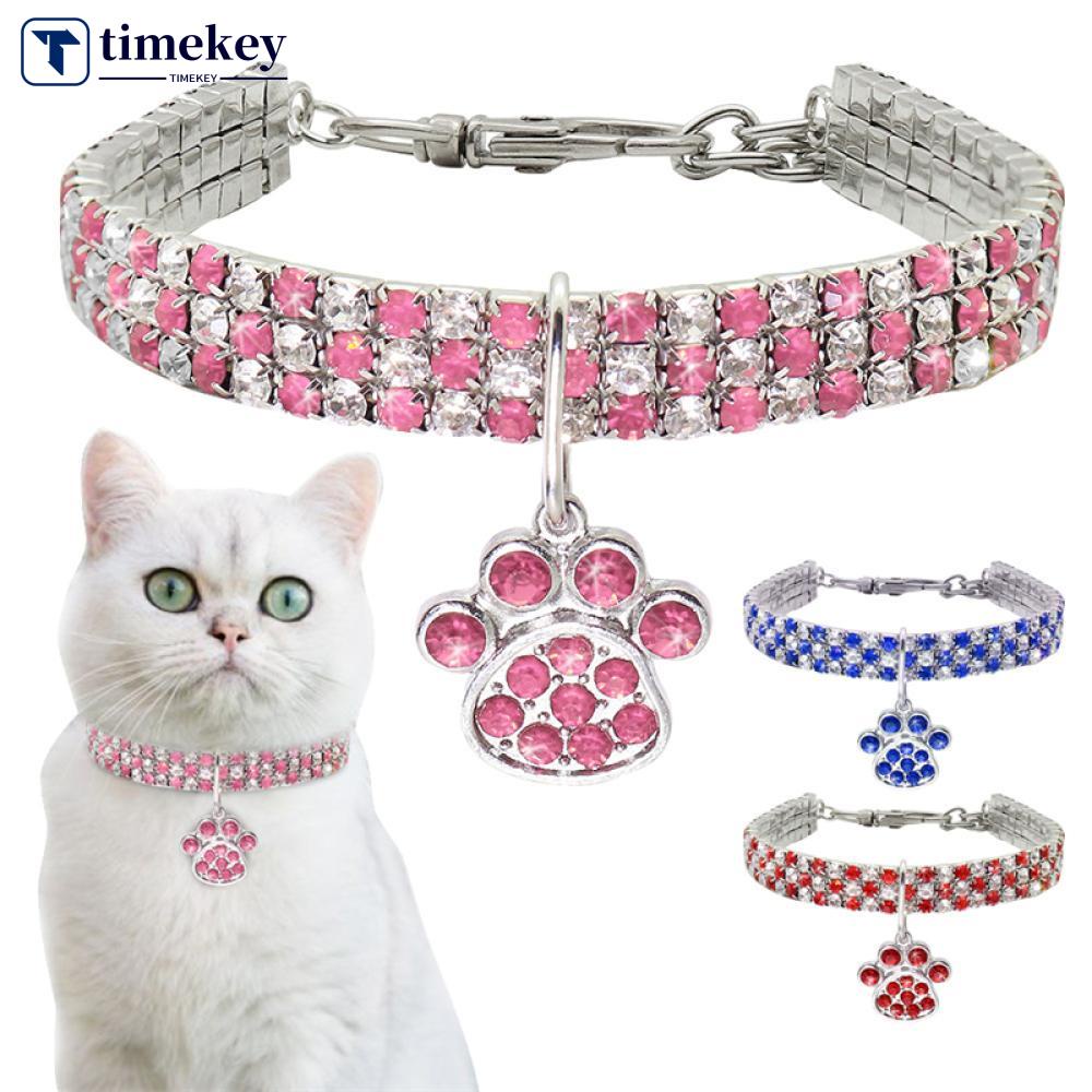 Timekey Kalung Collar Elastis Hias Kristal Berlian Imitasi 20-35cm Untuk Kucing B2S6