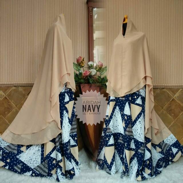 TERBARU ! GAMIS  MONALISA ORI WOLFIS BUSUI NAVY MOTIF SET HIJAB SYARI / MAXI DRESS MUSLIM WANITA