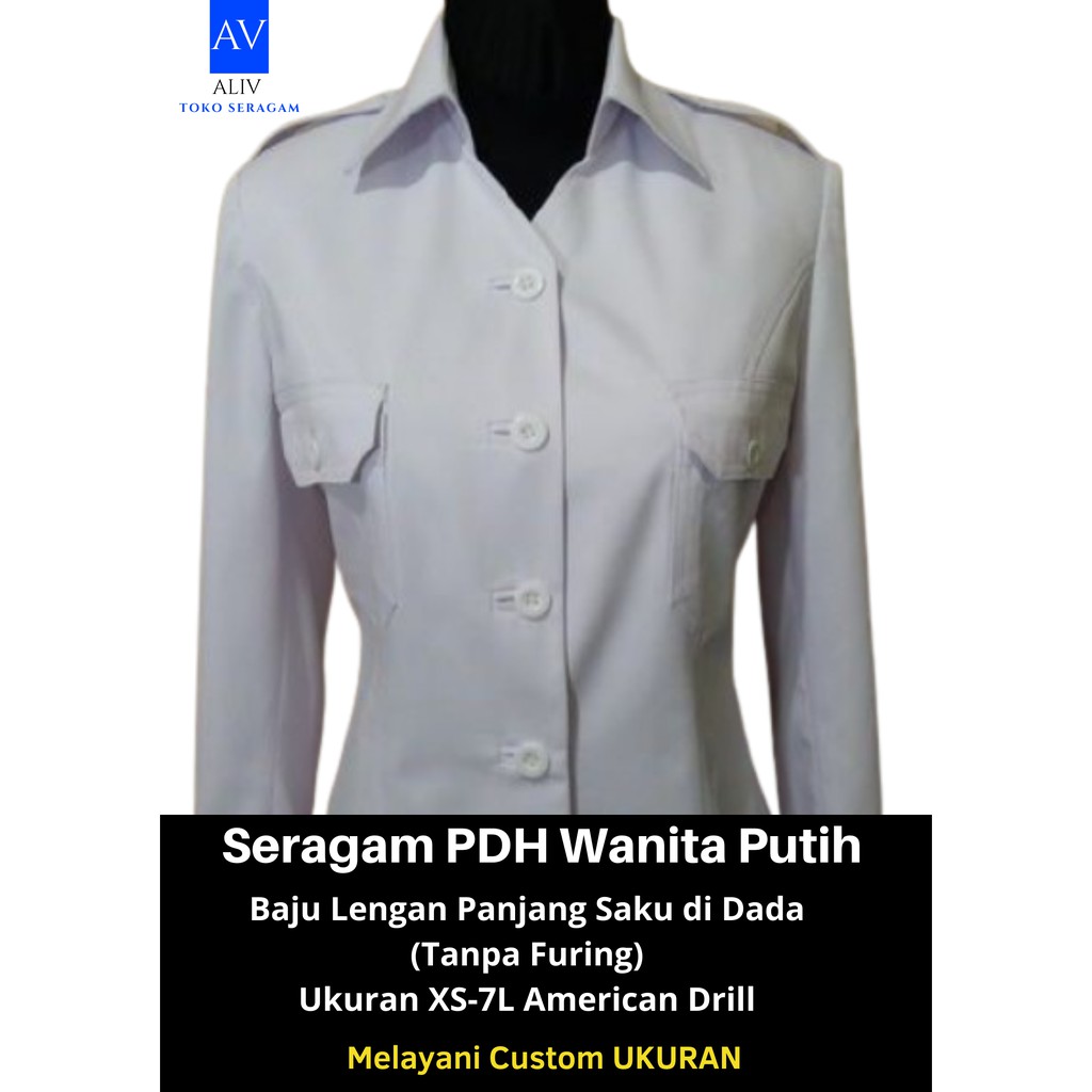 Atasan Seragam Kemeja PDH Pemda PNS Wanita Putih American Drill Ukuran XS-7L Lengan Panjang