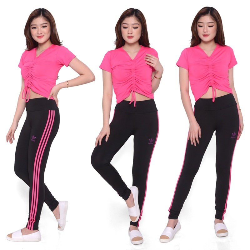 Setelan Senam aerobik zumba yoga gym fitness model crop serut+Legging ADS garis